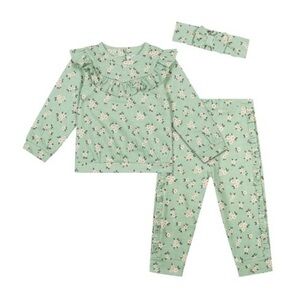 Babies' Floral Fleece Sweatshirt, Pants & Headband Set In Dusty Mint